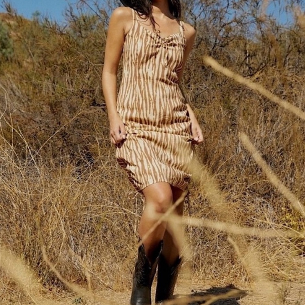 Backyard Roses Elegant Tan Zebra Print Dress NEW